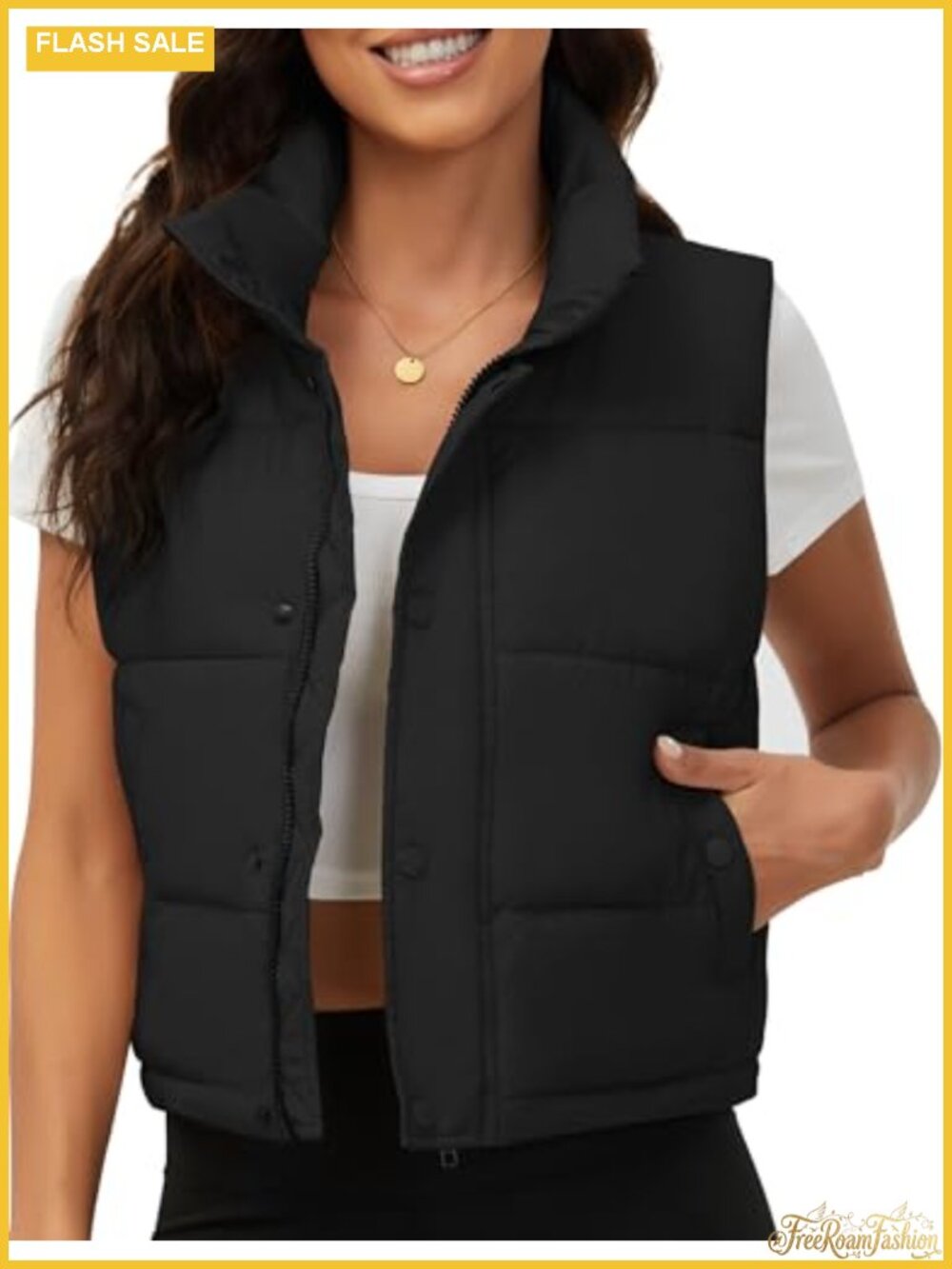 Women's Quilted Cropped Puffer Vest Sleeveless Snap Button Winter